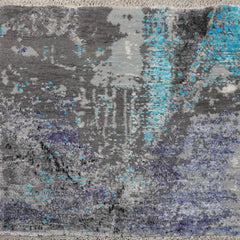 Square Gray, Purple, Turquoise Color Hand Knotted All-Over Wool & Silk Modern Oriental Rug