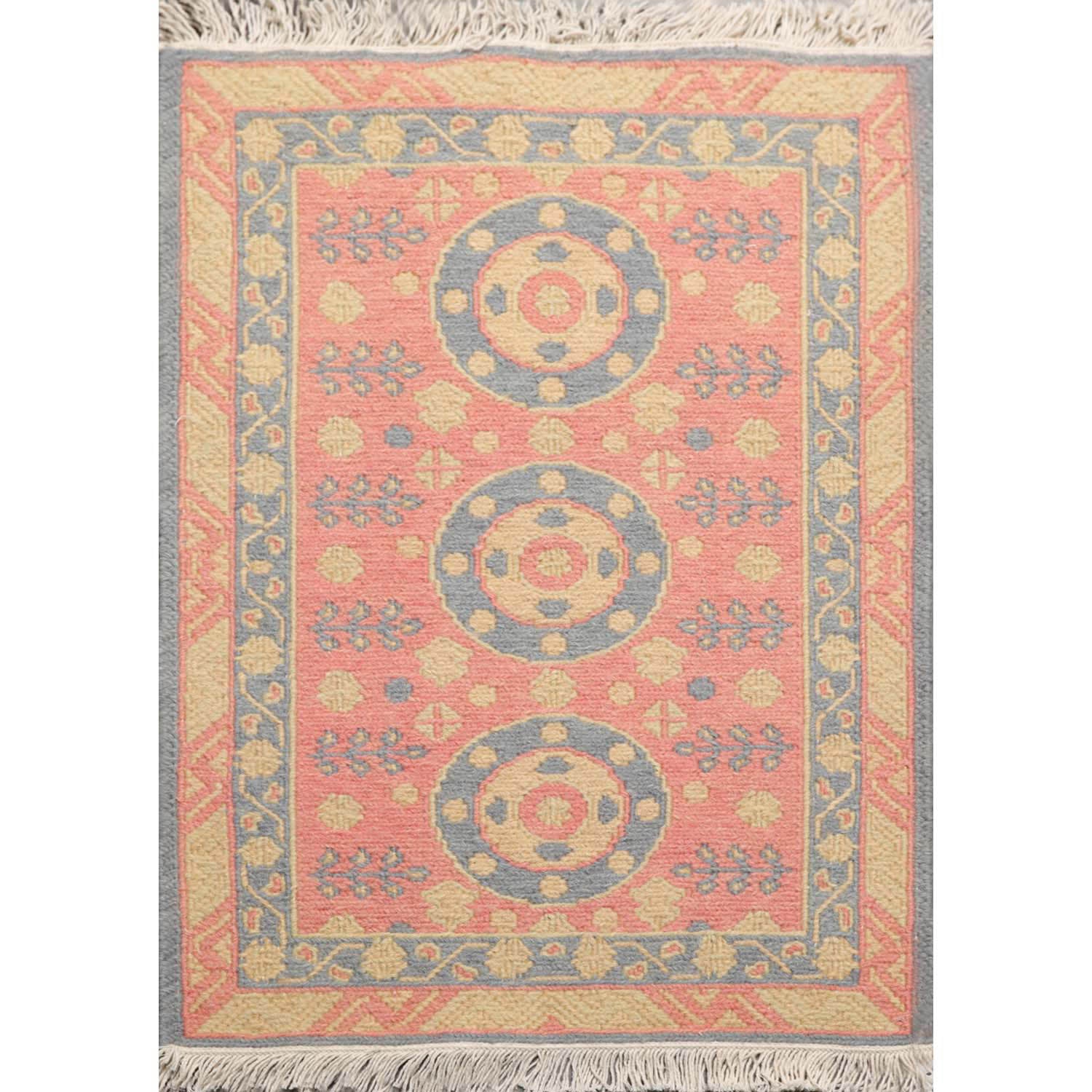 2x3 Rose, Blue, Gold Color Hand Knotted All-Over 100% Wool Transitional Oriental Rug