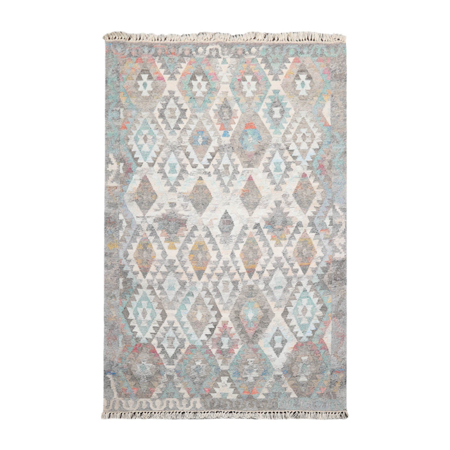 5x7 Beige, Gray, Turquoise Color Hand Woven All-Over 100% Wool Southwestern Oriental Rug