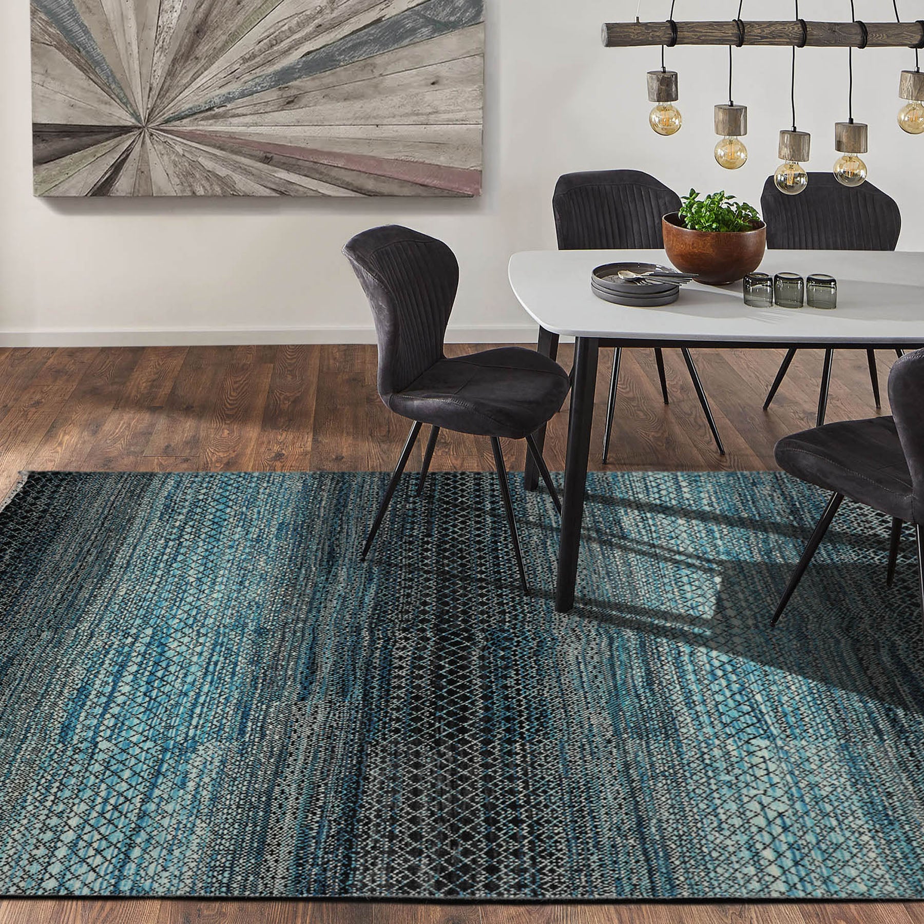 8x10 Blue, Charcoal, Aqua Color Hand Knotted Grass 100% Wool Modern Oriental Rug