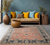 8x10 Rust, Blue, Tan Color Hand Knotted Oushak Wool Traditional Oriental Rug