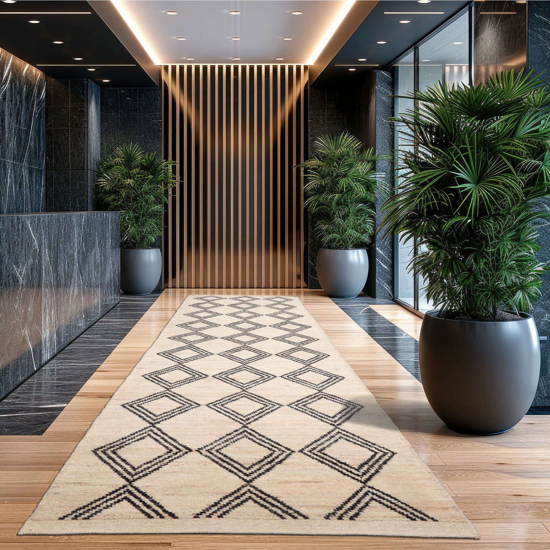 Runner Ivory, Black, Color Hand Knotted Afghan Moroccan Wool Modern & Contemporary Oriental Rug