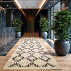 Runner Ivory, Black, Color Hand Knotted Afghan Moroccan Wool Modern & Contemporary Oriental Rug