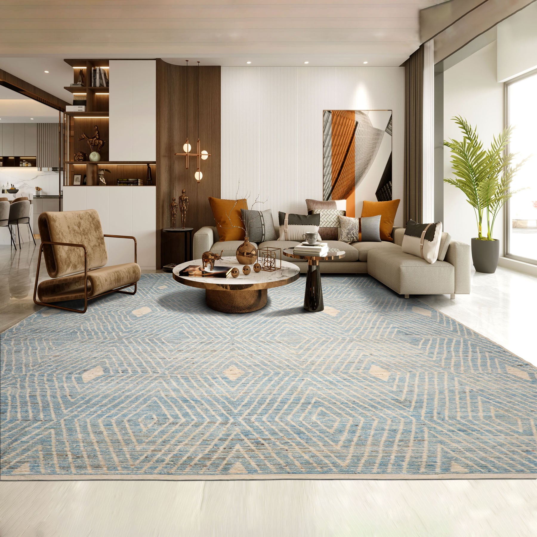 Oversize Blue, Beige, Brown Color Hand Knotted Afghan Moroccan Wool Modern & Contemporary Oriental Rug