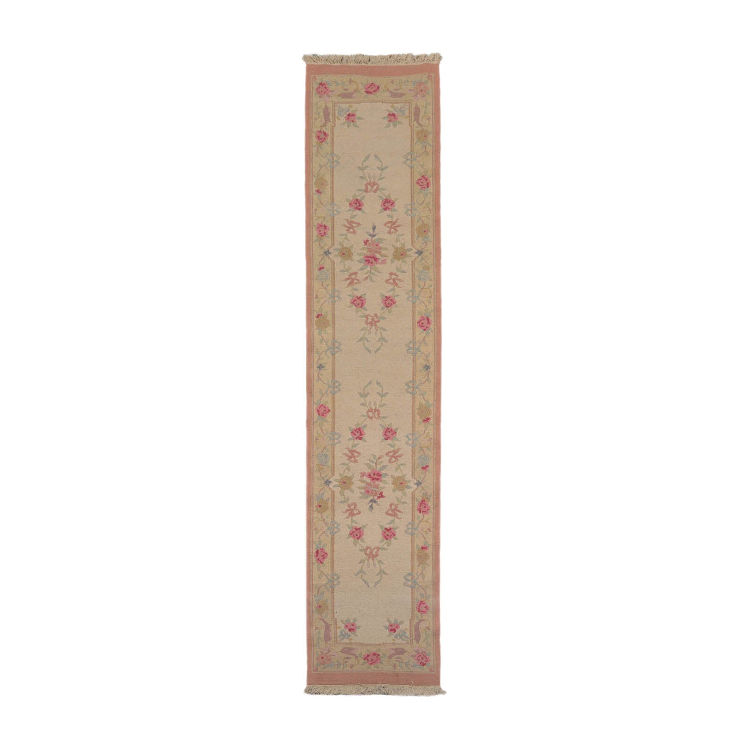 Runner Beige, Blush, Blue Color Hand Knotted All-Over 100% Wool Traditional Oriental Rug