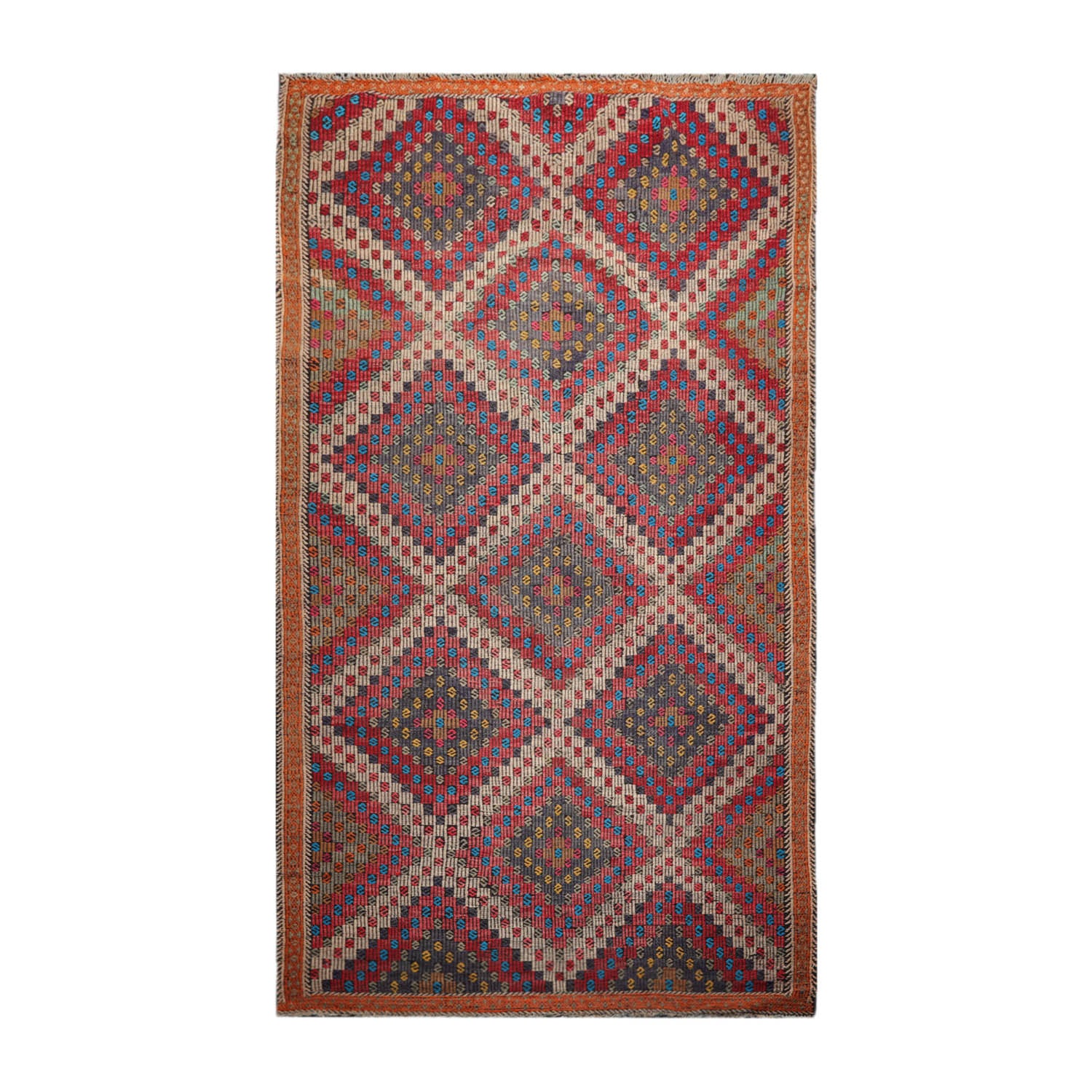 Runner Royal Blue, Orange, Beige Color Hand Woven All-Over 100% Wool Southwestern Oriental Rug