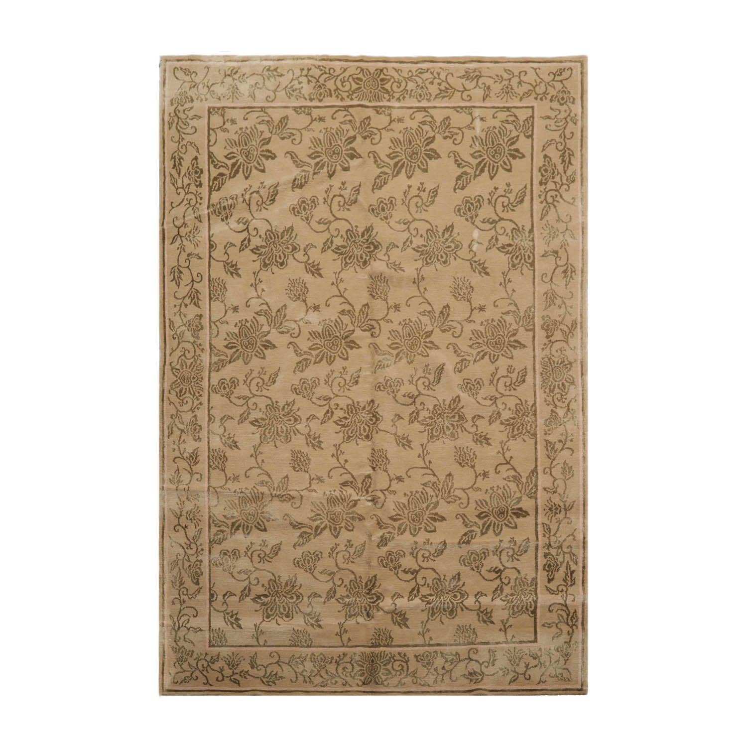 6x9 Tan, Moss, Color Hand Knotted All-Over Wool & Silk Transitional Oriental Rug