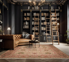 10x14 Beige, Blush, Green Color Hand Knotted All-Over 100% Wool Traditional Oriental Rug