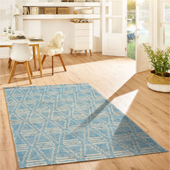 3x5 Blue, Ivory, Color Hand Knotted Afghan Moroccan Wool Modern & Contemporary Oriental Rug