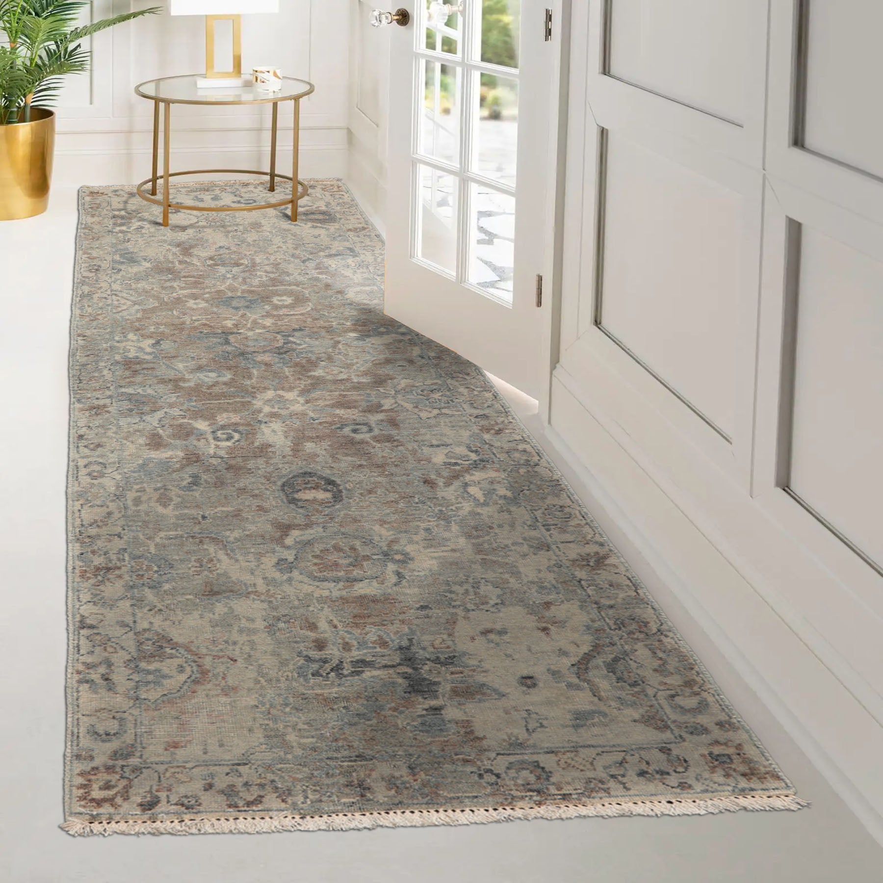 Runner Beige, Brown, Gray Color Hand Knotted Distressed Quality Wool Traditional Oriental Rug