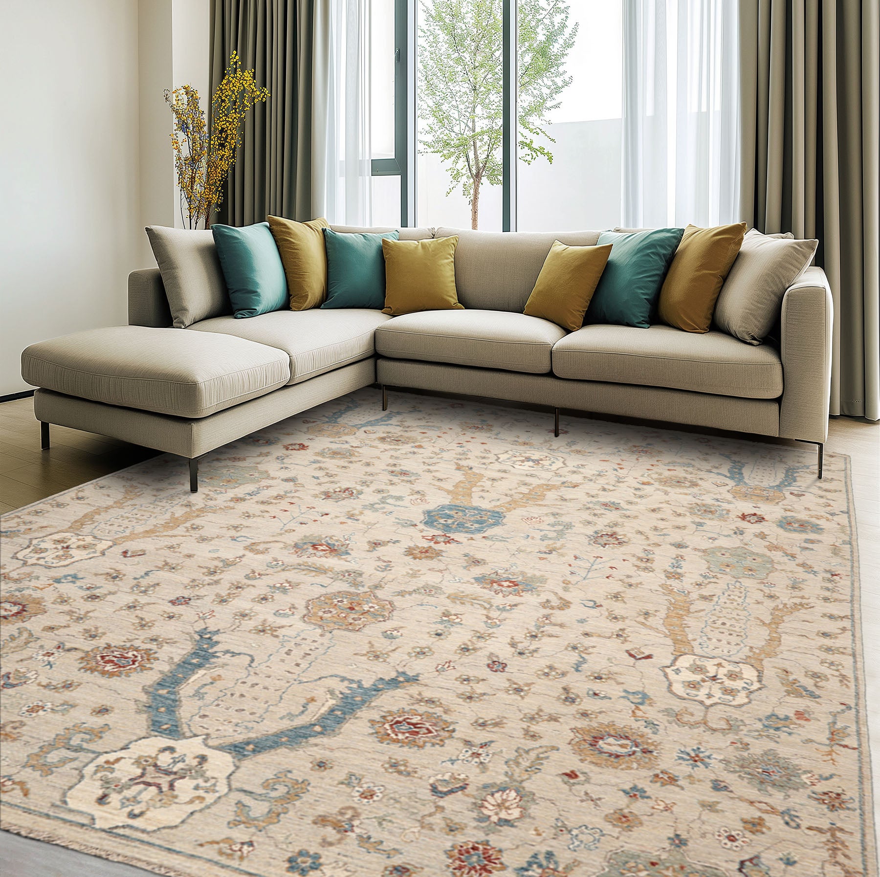 9x12 Beige, Peach, Aqua Color Hand Knotted Distressed Quality Wool Traditional Oriental Rug