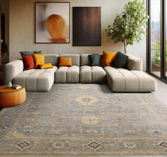 9x12 Slate, Beige, Black Color Hand Knotted Khyber Wool Traditional Oriental Rug