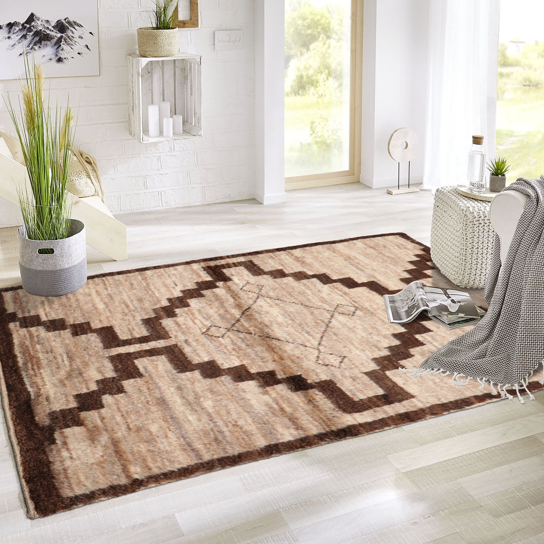 3x5 Beige, Brown, Color Hand Knotted Afghan Moroccan Wool Transitional Oriental Rug