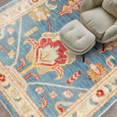 3x5 Blue, Beige, Gold Color Hand Knotted Turkish Oushak Wool Traditional Oriental Rug