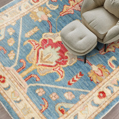3x5 Blue, Beige, Gold Color Hand Knotted Turkish Oushak Wool Traditional Oriental Rug