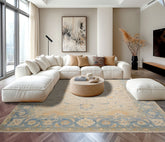 9x12 Beige, Aqua, Caramel Color Hand Knotted Afghan Oushak Wool Traditional Oriental Rug