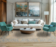 9x12 Gray, Blue, Gold Color Hand Knotted All-Over Wool Traditional Oriental Rug