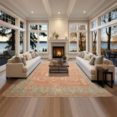 8x10 Orange, Sage, Gold Color Hand Knotted Distressed Wool Traditional Oriental Rug