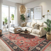 8x10 Coral, Charcoal, Beige Color Hand Knotted Distressed Wool Traditional Oriental Rug