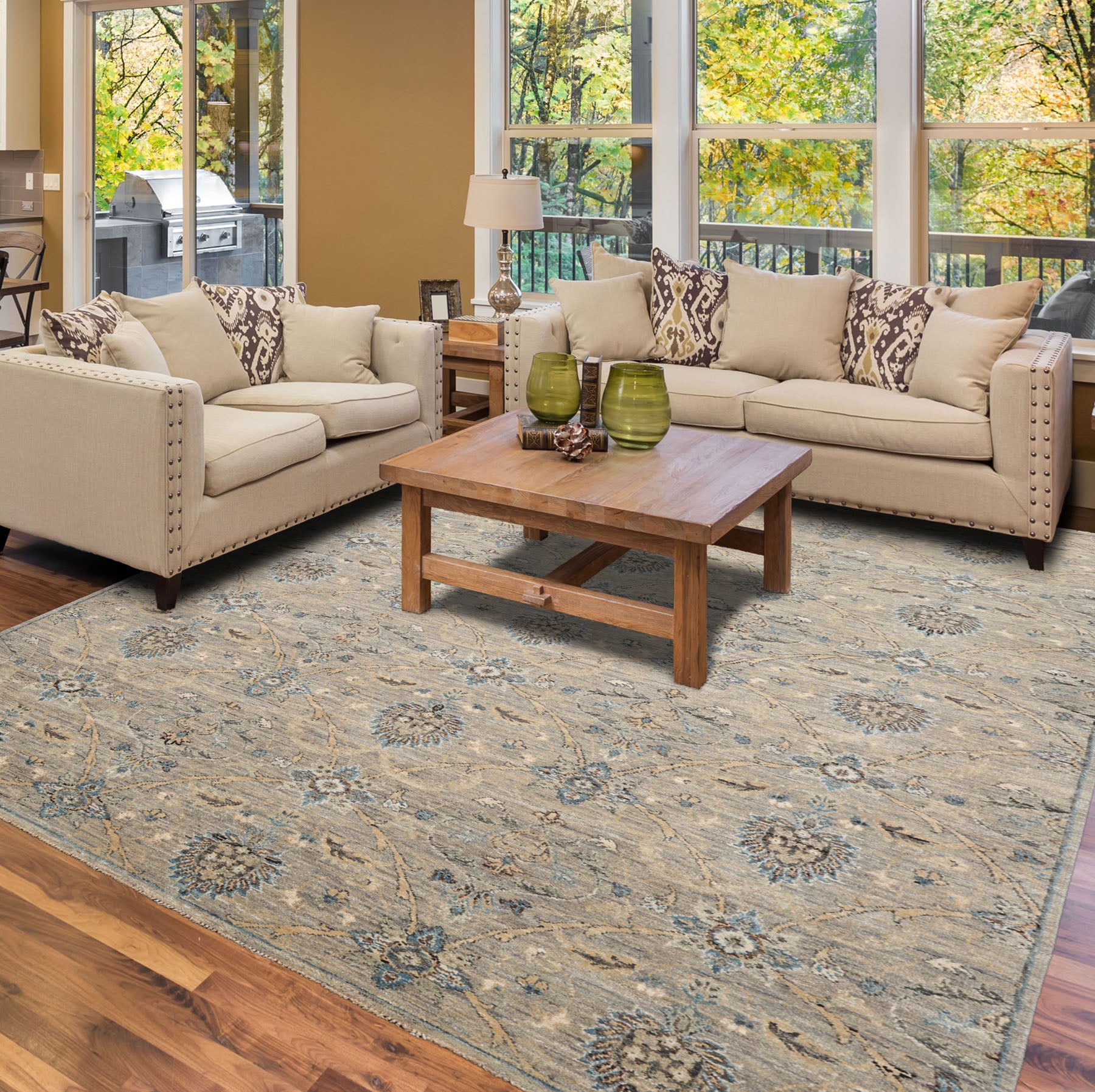 6x9 Gray, Beige, Turquoise Color Hand Knotted All-Over Wool Traditional Oriental Rug