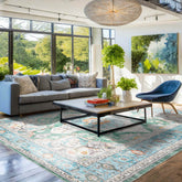 8 x 10 Green Ivory Aqua Color Machine Made Washable Polyester Arts & Crafts. Mission Style Oriental Rug