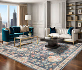 8 x 10 Navy Beige Aqua Color Machine Made Washable Polyester Traditional Oriental Rug