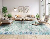 8 x 10 Green Turquoise Blue Color Machine Made Washable Polyester Traditional Oriental Rug