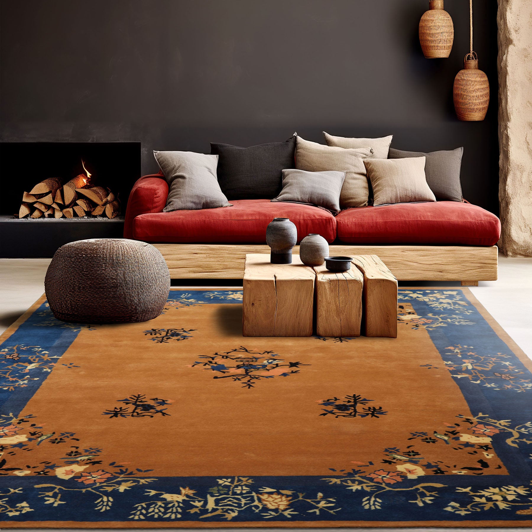 5x8 Camel Blue Ivory Color Hand Tufted Pictorial New Zealand Wool Oriental Rug