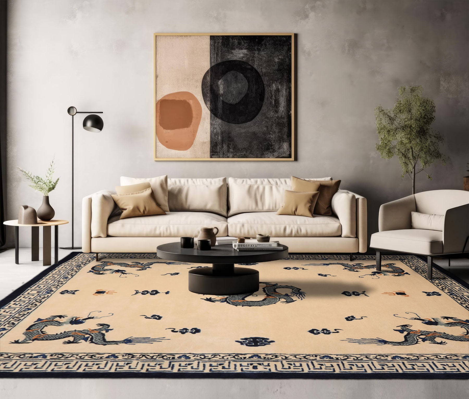 5x8 Ivory Navy Gray Color Hand Tufted Dragon New Zealand Wool Oriental Rug