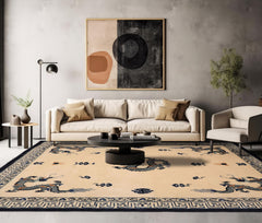 5x8 Ivory Navy Gray Color Hand Tufted Dragon New Zealand Wool Oriental Rug