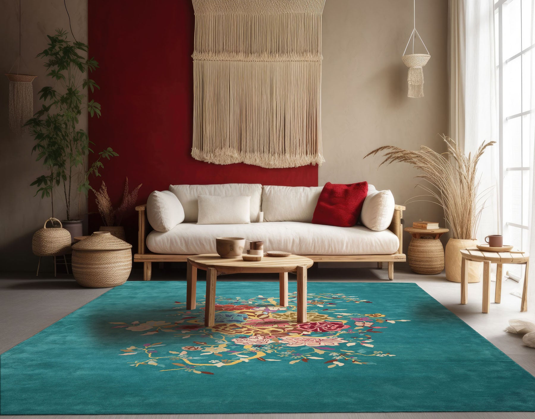 5x8 Turquoise Beige Gold Color Hand Tufted Floral New Zealand Wool Oriental Rug