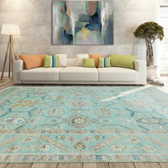 LoomBloom 9x12 Oriental Area Rug in Aqua Traditional Oushak Wool Hand Knotted