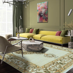 LoomBloom 8x10 Oriental Area Rug in Beige Medallion Oushak Wool Hand Knotted