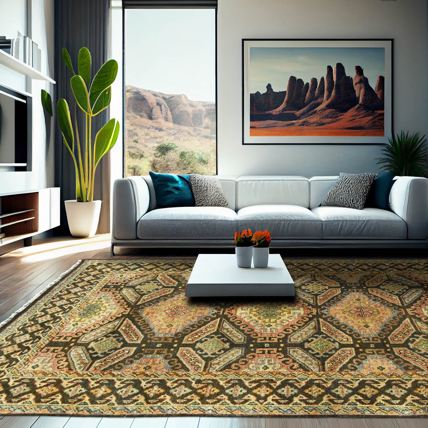 6x9 Gold Forest Green Peach Color Hand Knotted Transitional Wool Transitional Oriental Rug