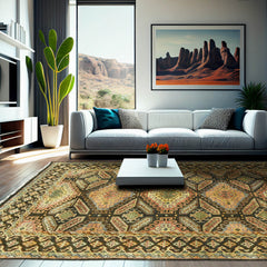 6x9 Gold Forest Green Peach Color Hand Knotted Transitional Wool Transitional Oriental Rug