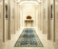 Runner Blue Ivory Tan Color Hand Knotted Oushak Wool Traditional Oriental Rug