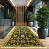 Runner Olive Green Gold Raspberry Color Hand Knotted Oushak Wool Traditional Oriental Rug