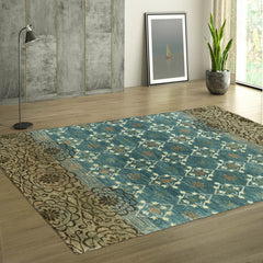 4x6 Teal Tan Ivory Color Hand Knotted Transitional Wool Transitional Oriental Rug
