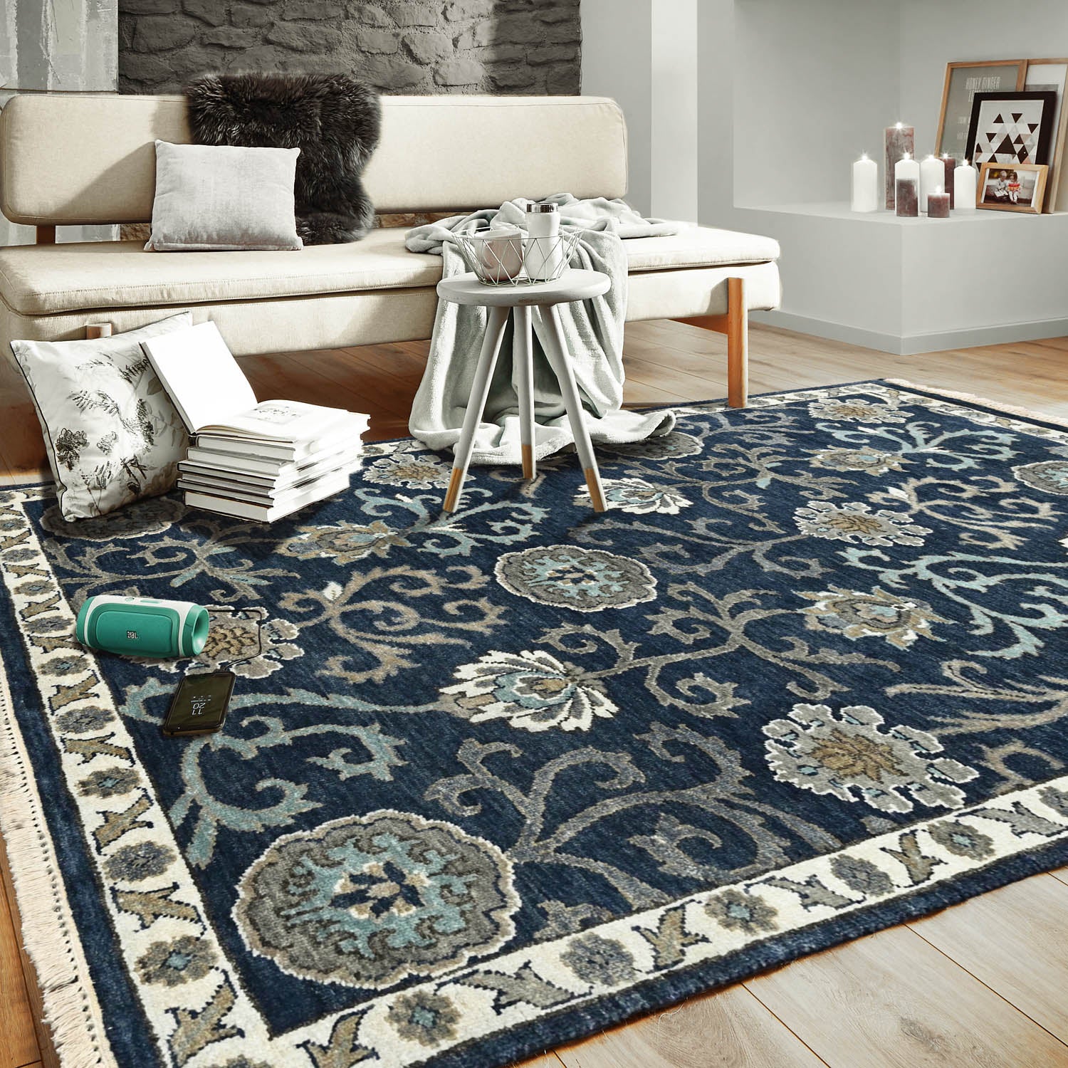 4x6 Blue Cream Gray Color Hand Knotted Transitional Wool Transitional Oriental Rug