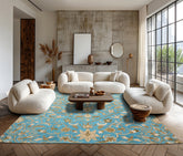 8x10 Aqua, Ivory, Tan Color Hand Tufted Floral Wool Transitional Oriental Rug