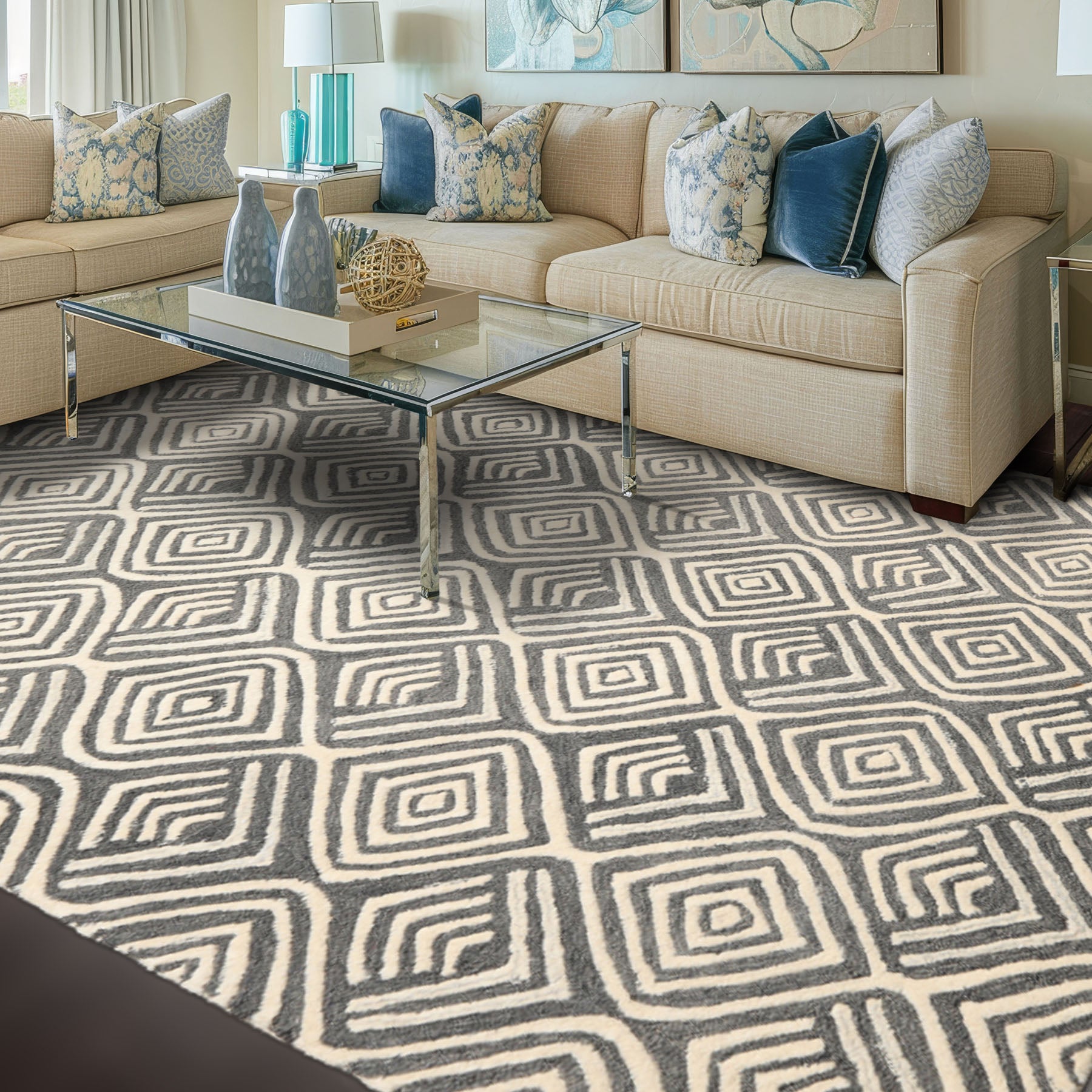 5x8 Gray, Ivory, Color Hand Tufted Geometric Wool Modern Oriental Rug