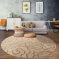 Round Tan Brown Color Hand Tufted Floral Wool and Faux Silk Transitional Oriental Rug