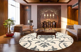 Round Ivory Black Color Hand Tufted All-Over Wool Transitional Oriental Rug