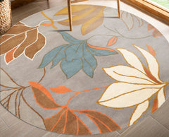 Round Gray Turquoise Ivory Color Hand Tufted Floral Wool Contemporary Oriental Rug