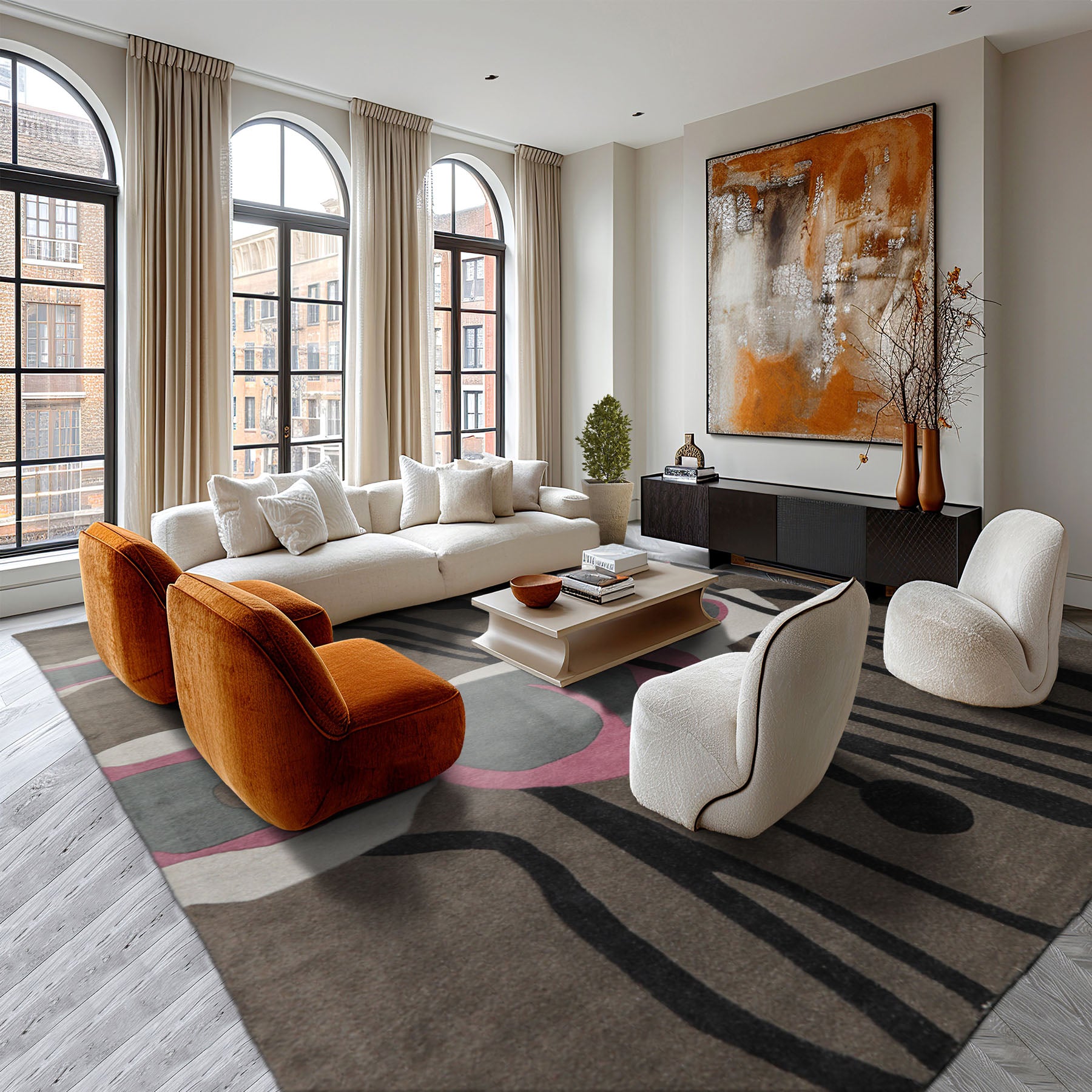 Runner Greenish Gray Charcoal Pink Color Hand Tufted All-Over Wool Modern Oriental Rug