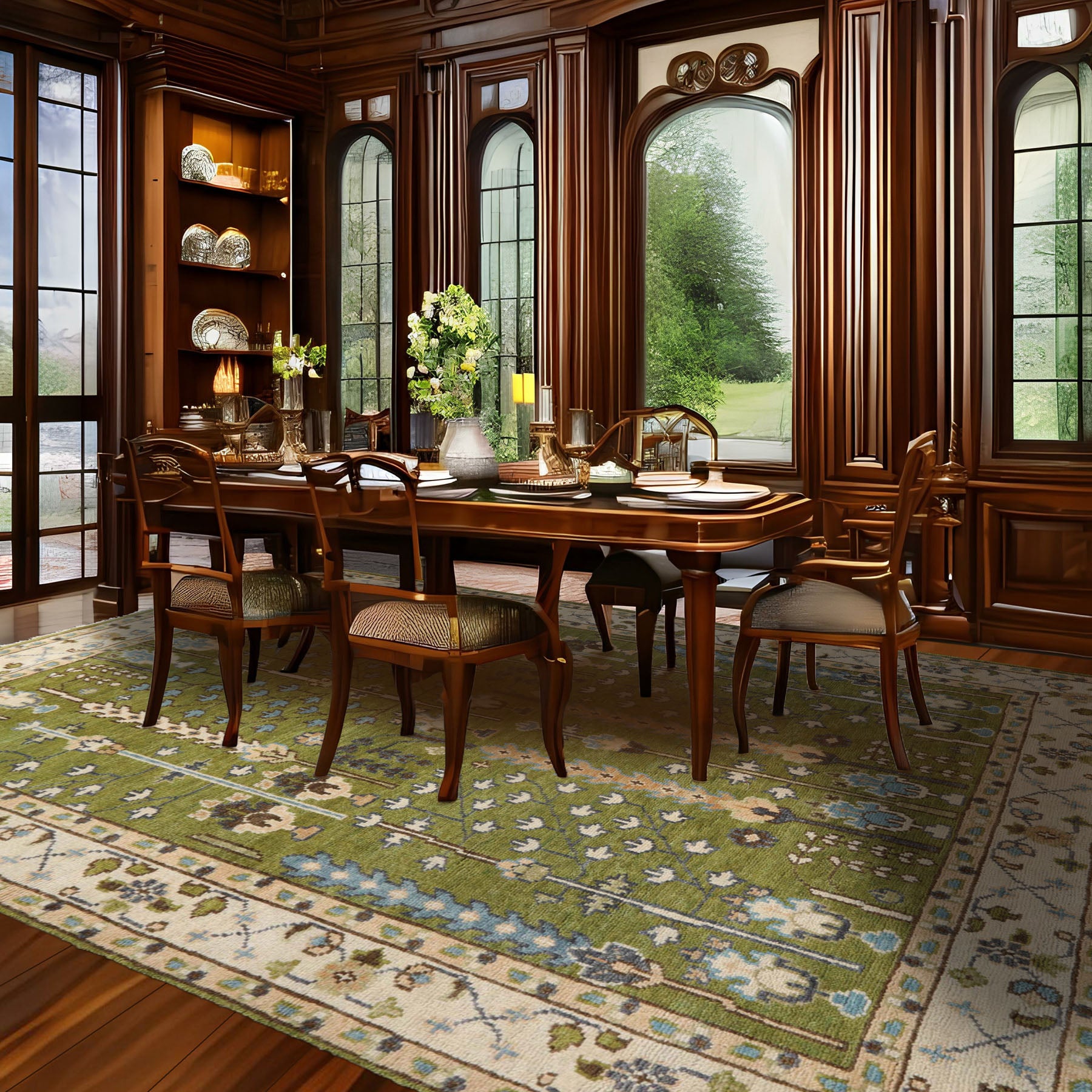 8x10 Green, Ivory, Peach Color Hand Knotted William Morris Wool Traditional Oriental Rug