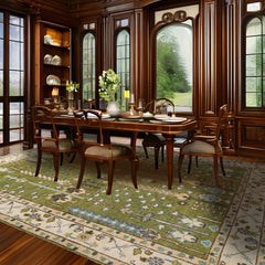 8x10 Green, Ivory, Peach Color Hand Knotted William Morris Wool Traditional Oriental Rug