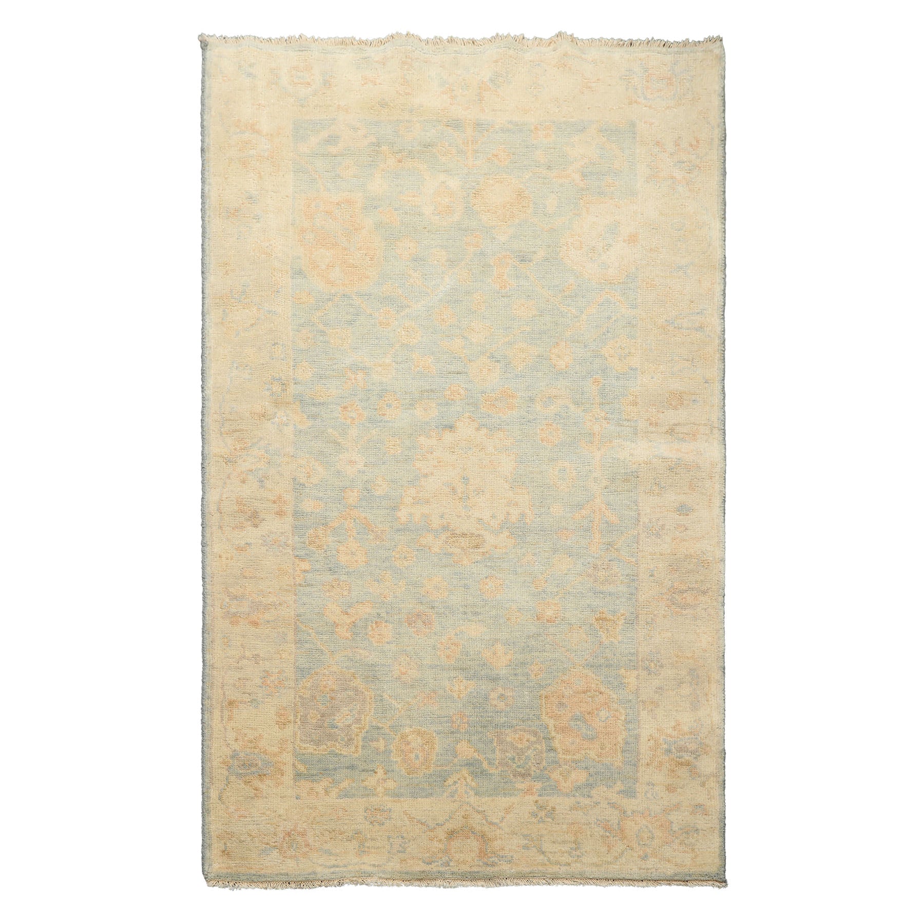 3x5 Aqua, Ivory, Caramel Color Hand Knotted Oushak Wool Transitional Oriental Rug