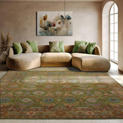 8x10 Green Tan Burnt Orange Color Hand Tufted Oriental Wool Traditional Oriental Rug