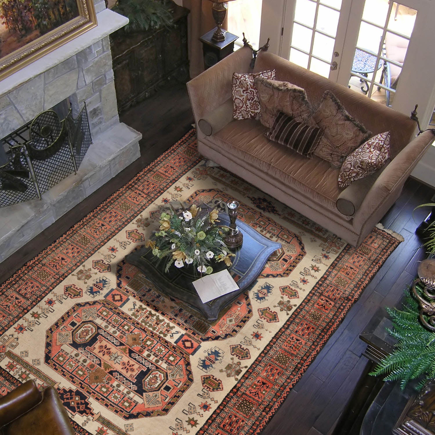 10x14 Beige, Coral, Rose Color Hand Knotted Heriz Wool Traditional Oriental Rug